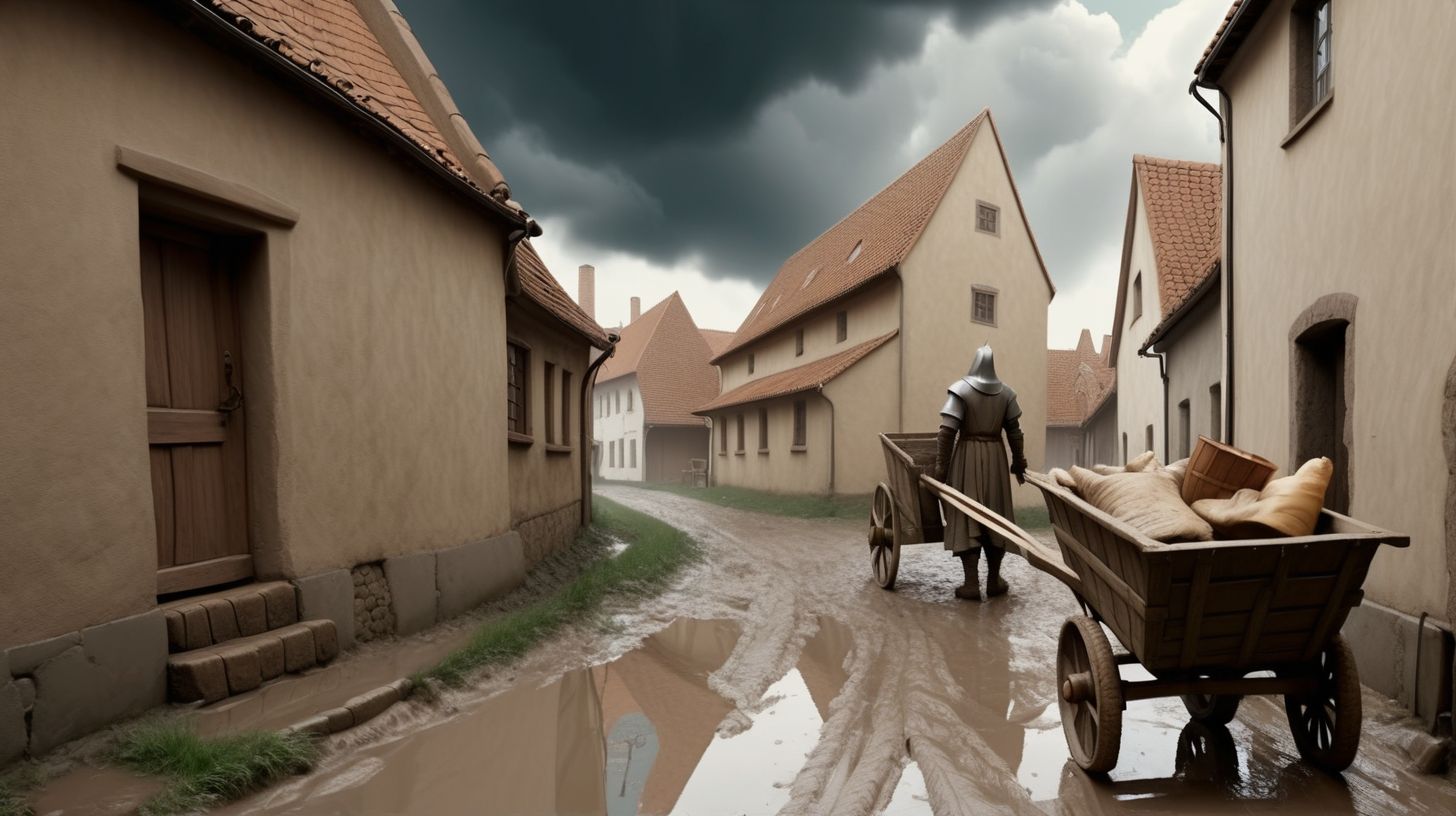 medieval muddy alley cloudy sky a handcart in