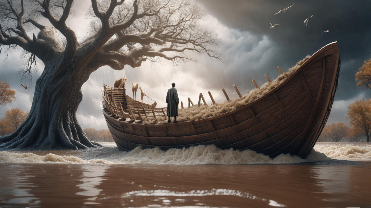 8k image of noah standing on an his ark, floating in a great flood, animals inside of arc, top of leafless trees poking out from the top of water, water above trees, massive flood