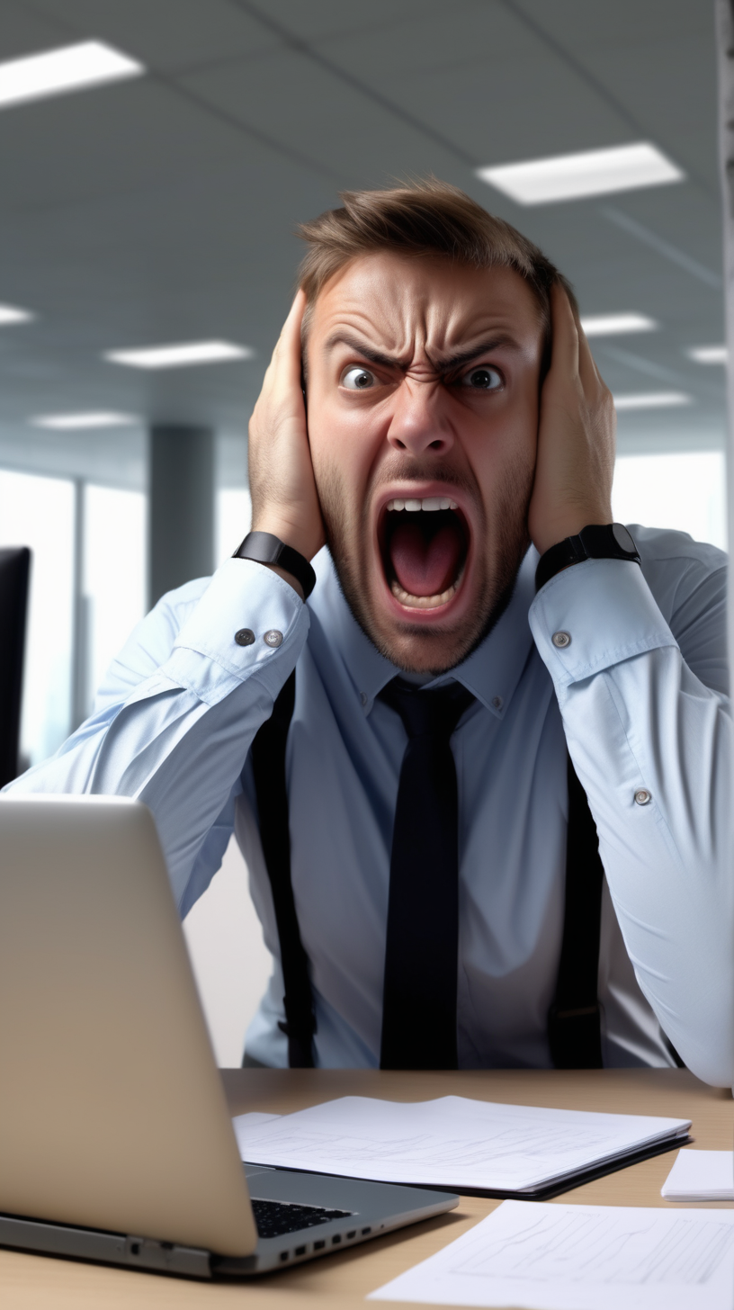 man overwhelmed at work screaming and stressed 4k