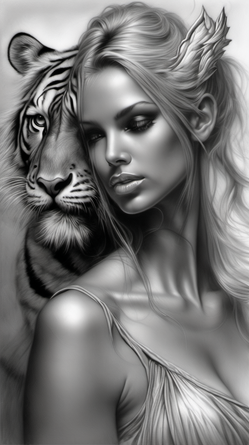 /imagine prompt : a hyper realistic black and gray Boris Vallejo drawing, feauteted a beautiful angel by a tiger create a sureal fantasy atmosphere
<background>white papaer
<style>pencil drawing
