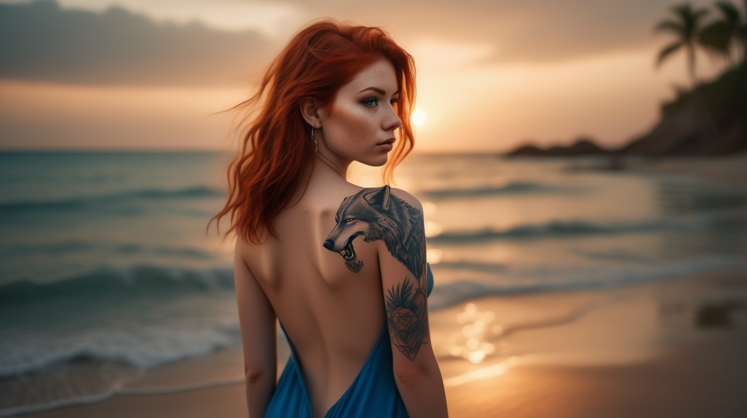 the photo is taken in a tropical beach, sunset. Only one beauty girl is standing, She is looking to the see. The girl is wearing a short blue alluring dress that reveals her body curves, redhead straight hair, she has a wolf tattoo on her back. The lighting in the portrait should be dramatic. Sharp focus. A ultrarealistic perfect example of cinematic shot. Use muted colors to add to the scene.