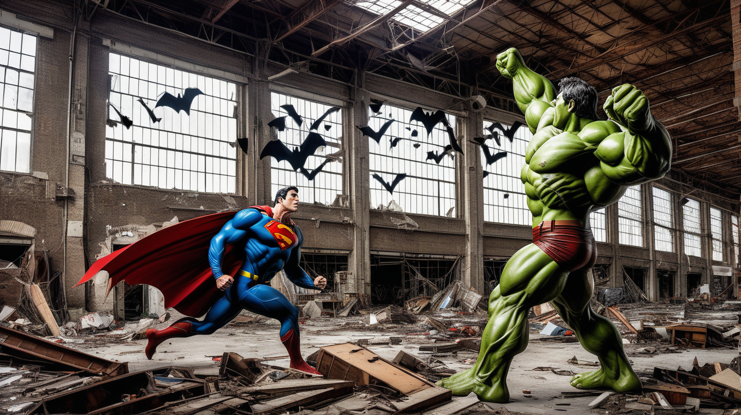 Superman fights the Hulk in an abandoned guitar