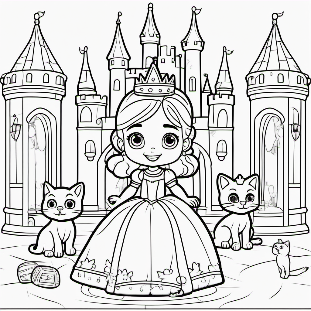 coloring pages for young kids, a little princess wearing a crown playing with toys inside her royal ballroom with her pet kitty inside a castle, simple background,cartoon style, thick lines, low detail, no shading  