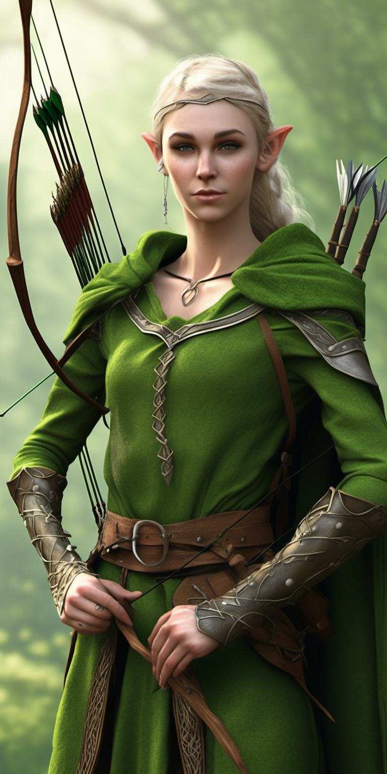 realistic medieval Elven archer in green
