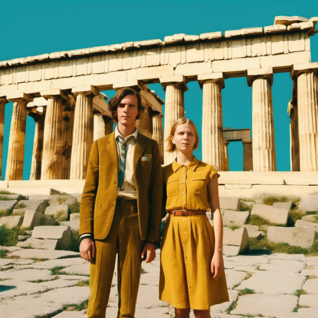 Young German-Indian couple in Athens, Akropolis and olive trees in the background, Wes Anderson cinematic setting