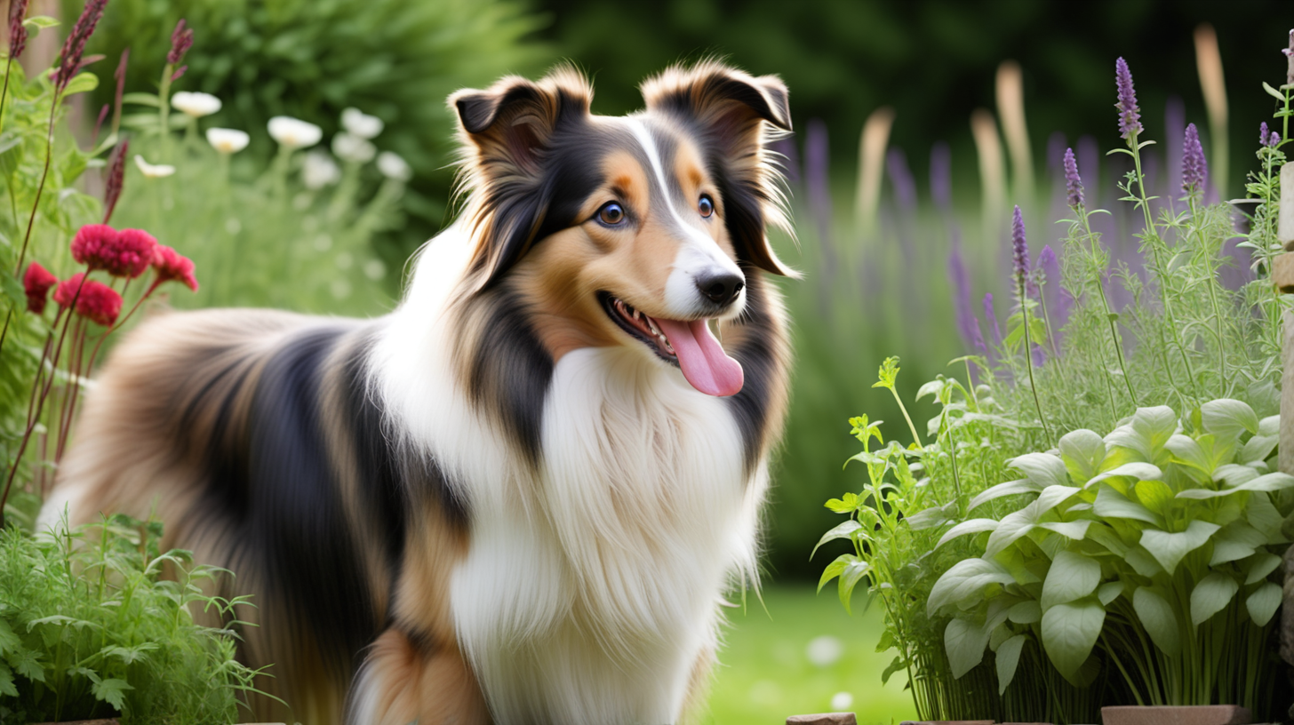 Collie dog amongst herbs in a garden