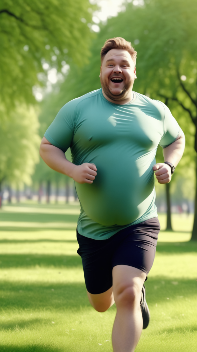 slightly overweight man looking happy wearing gym clothes running in the park on the green grass, realistic, 4k 