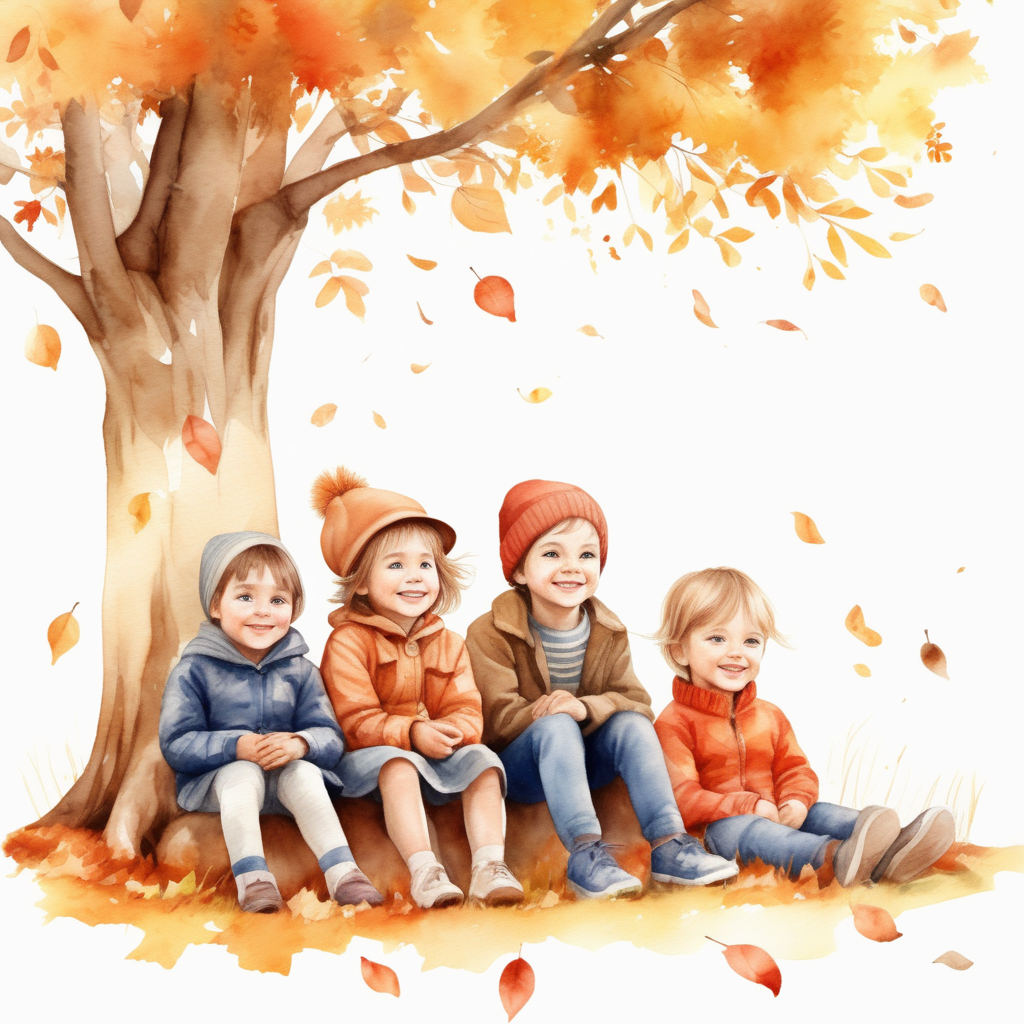 vytvoř realistickou ilustraci_více reálné tváře  dětí_sedí pod stromem, je podzim a děti mají radost_ve stylu akvarel barvy
