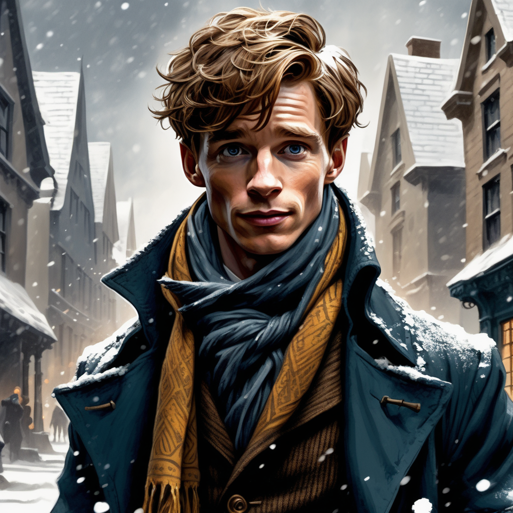 Create a dark fantasy art illustration,  frank frazetta style, of Eddie Redmayne as Newt Scamander, wearing a scarf, in snowy town. Close up.