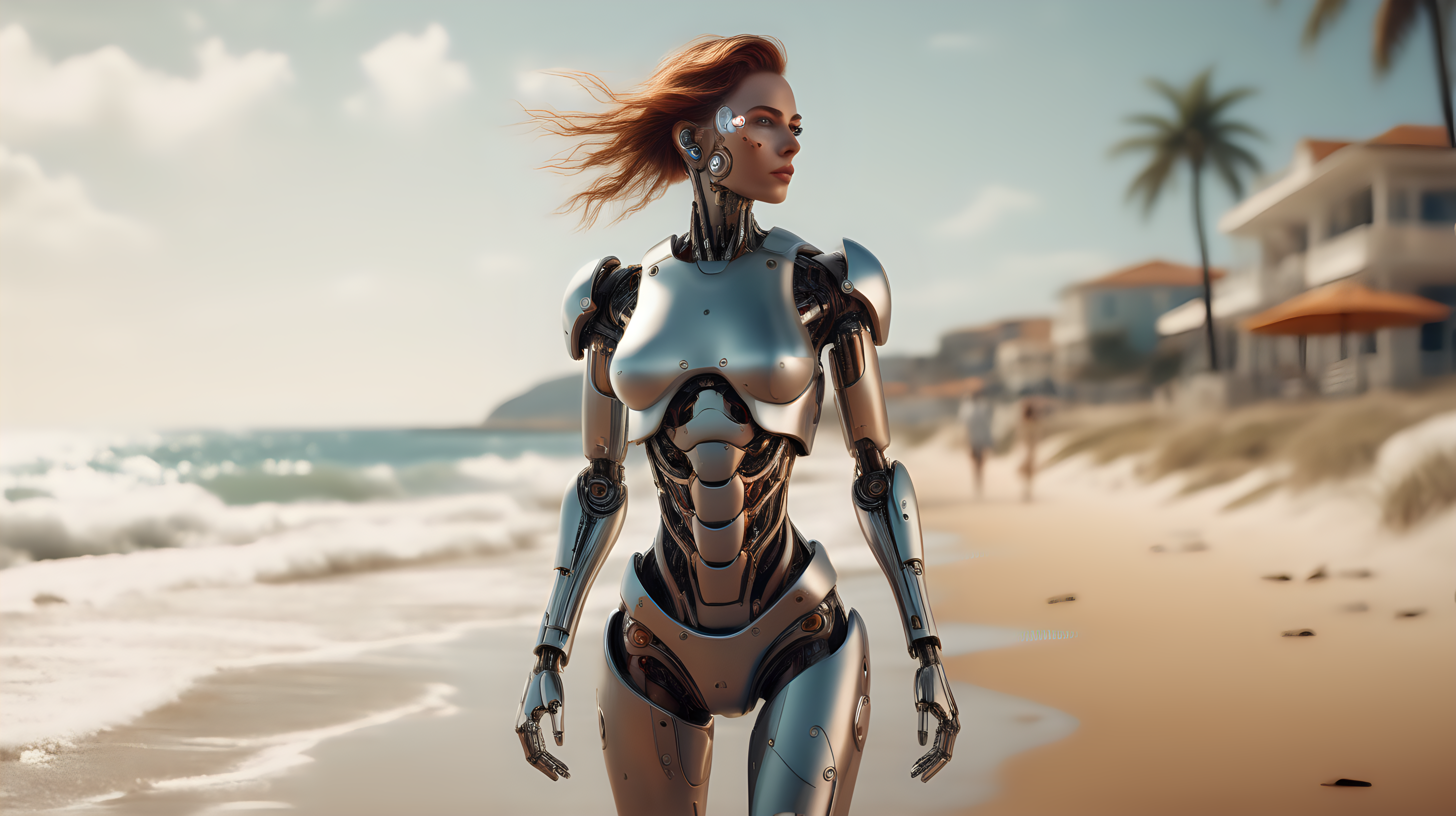 A woman cyborg in a delightful afternoon.
You can see the whole body, walking towards the camera, behind you can see the beach. Extremely realistic textures and warm colors give the final touch. Sharp focus and realistic shadows add to the scene. A perfect example of cinematic shot. Use muted colors to add to the scene