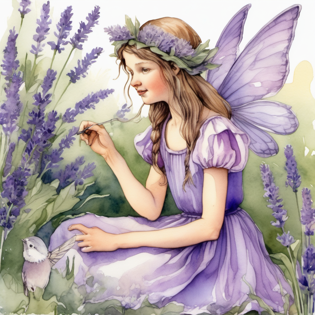 a watercolor lavendar flower fairy in the style of Cicely Mary Barker dressed in a lavendar skirt and top talking to a nightingale on her finger surrounded by lavendar flowers and greenery.  