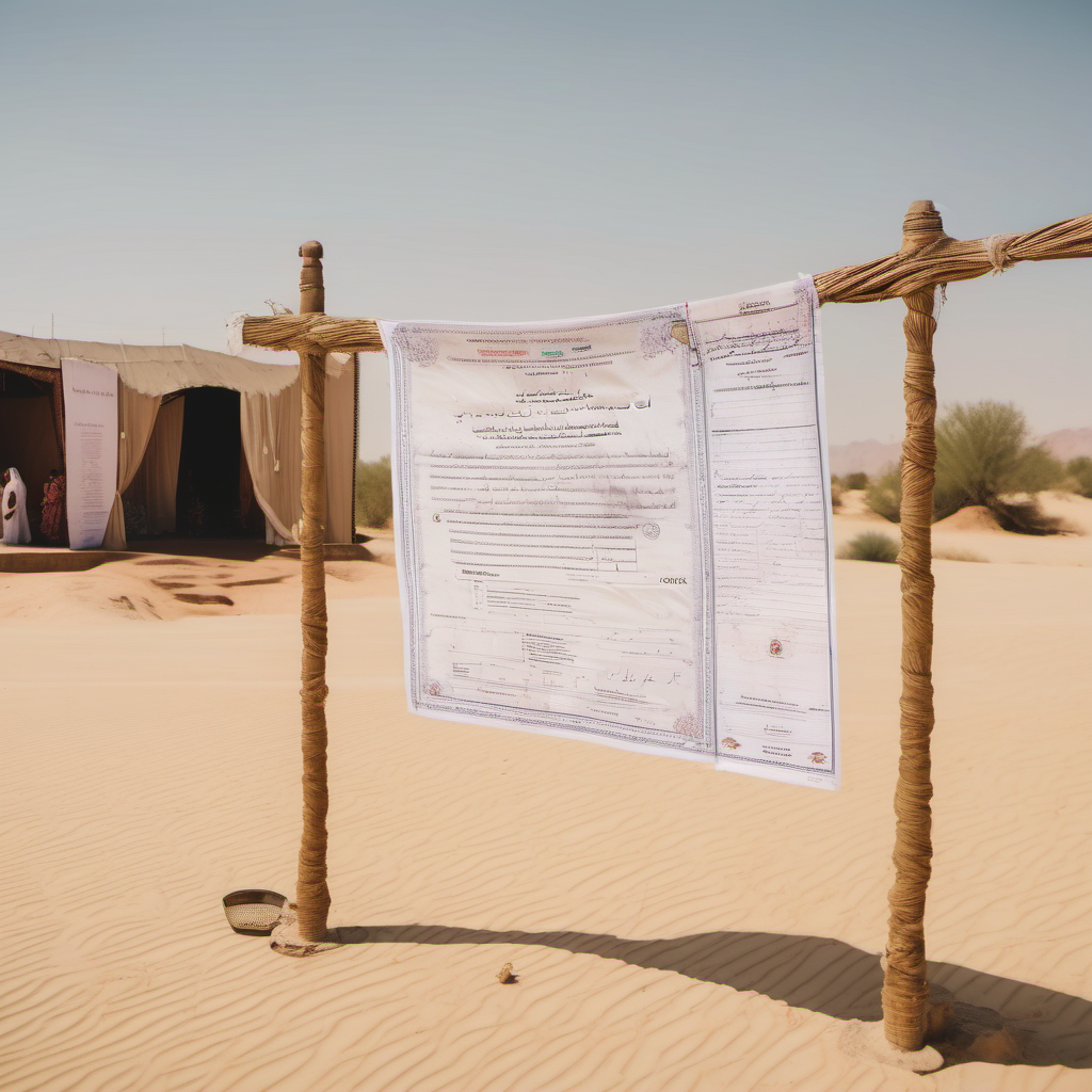 a pakistani nikkahnama printed on a huge fabric hanging in a quirky way in the desert