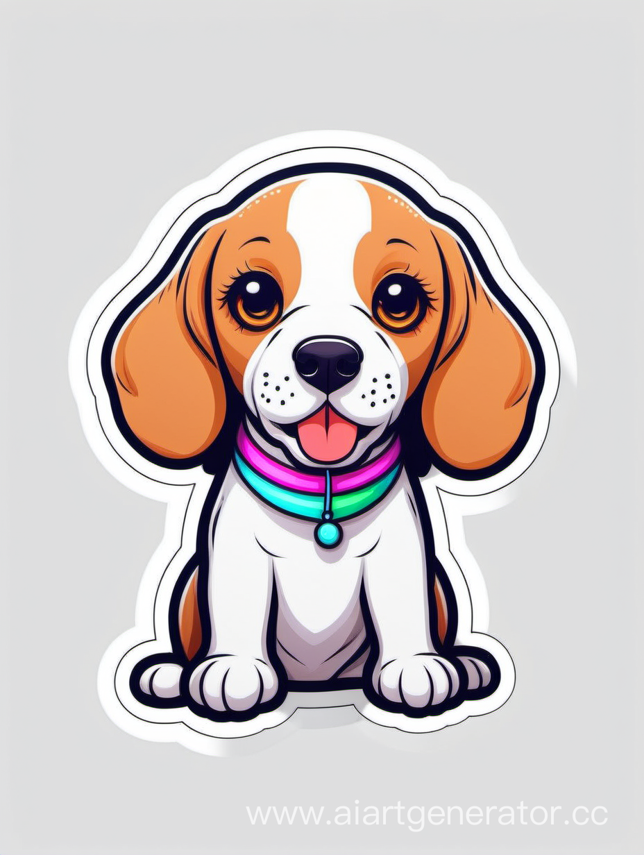 So cute Beagle dog, kawaii style, Sticker, Happy, Neon, Folk Art, Contour, Vector, White Background, Detailed