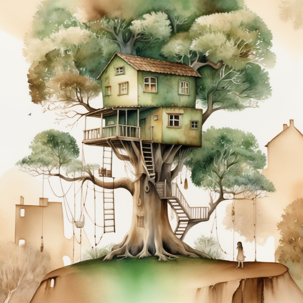 Old forest in brown and green tones above the fig tree, a shelf on the branches of the tree, around it there are normal houses without roofs and different trees, there is a girl in front of the tree house, illustration abstract graphic design in watercolor form