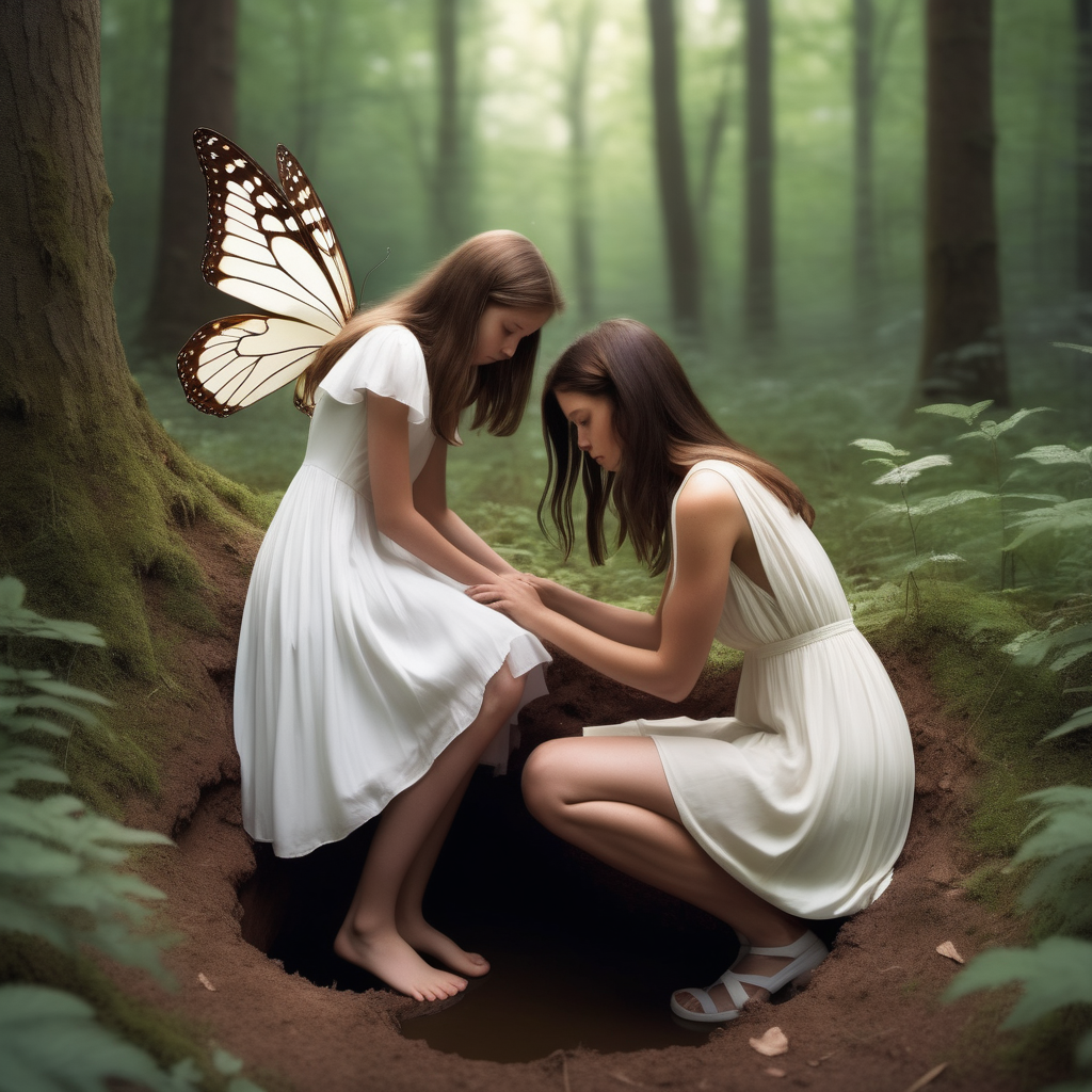 A teenage girl fell into a hole in a forest. She had shoulder-length brown hair and a white flowy midi dress. His knee is bleeding. Her mother bent over her. Her mother looks like a fairy. her mother has butterfly on her back