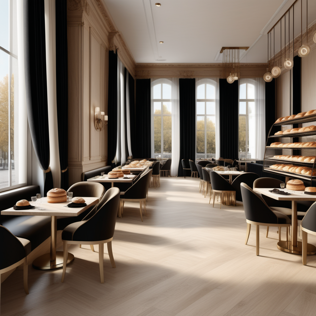 A hyperrealistic image a grand Modern Parisian gourmet bakery with tables and chairs, curtains,  in a beige oak brass and black colour palette with floor to ceiling windows and