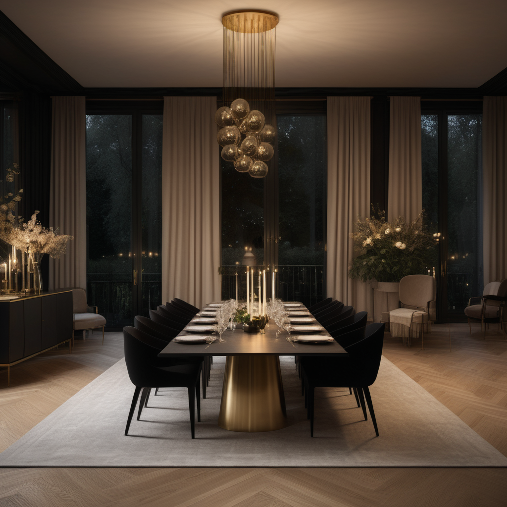 hyperrealistic of an elegant modern Parisian dining room at night at night with table set for 12 people; candles; oak flooring; floor to ceiling windows with a view of the sprawling lush gardens; curtains; mood lighting; beige, oak, brass and accents of black colour palette; modern brass pendant light 
