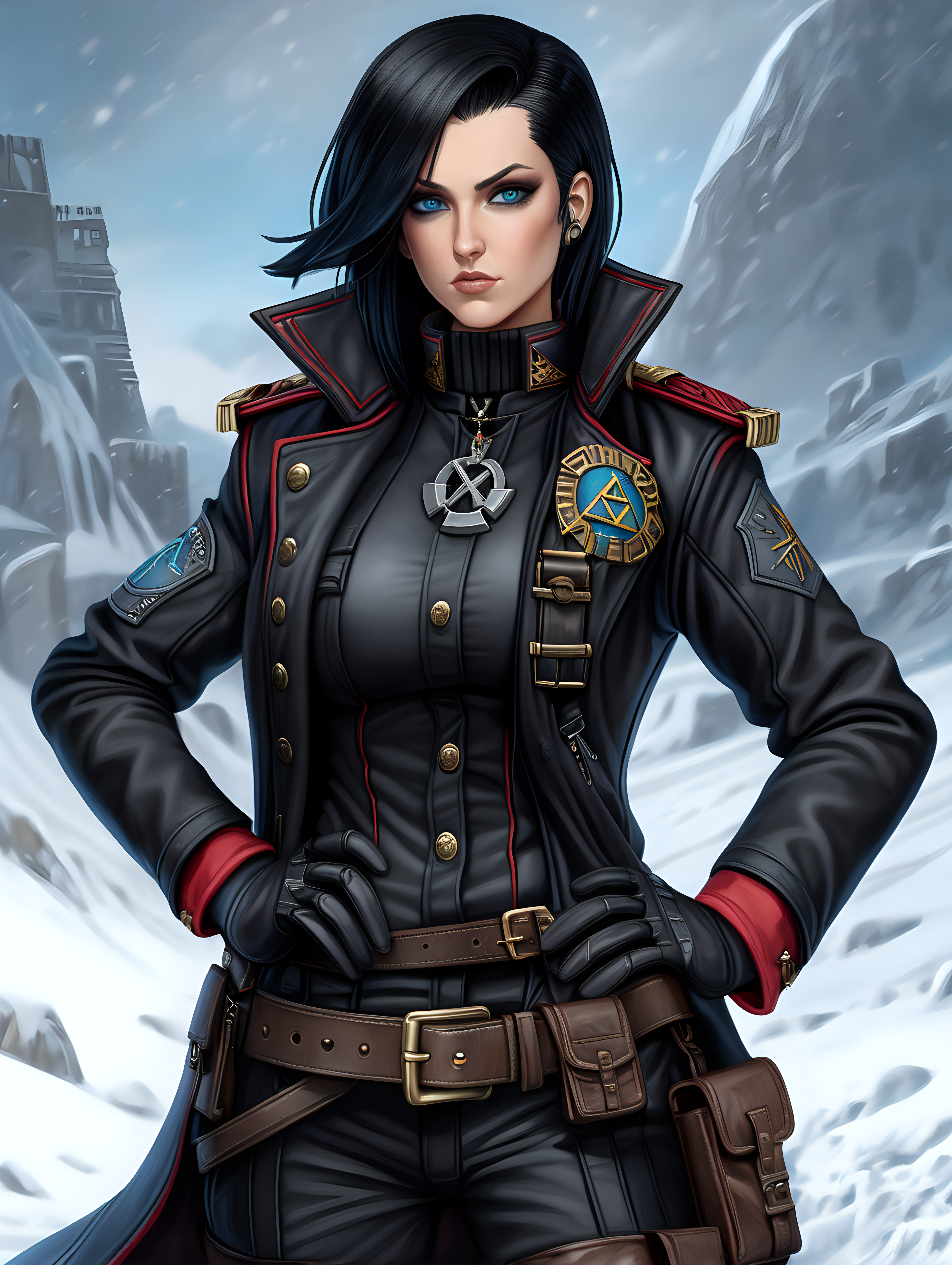 Warhammer 40K young very busty Commissar woman. She has an hourglass shape. She has raven black hair. She has a very short hair style similar to what Maya, from Borderlands 2, has. Dark black uniform. Dark brown belt has a lot of pouches, grenades, and a black holster attached. Dark brown bandolier around waist. Her dark black uniform jacket fits perfectly and is closed up. She has a lot of eye shadow. Background scene is snowy trench line. She has icy blue eyes. Her uniform has some Norse runes. She is wearing warm clothes. Valknut rune is on collar of jacket.