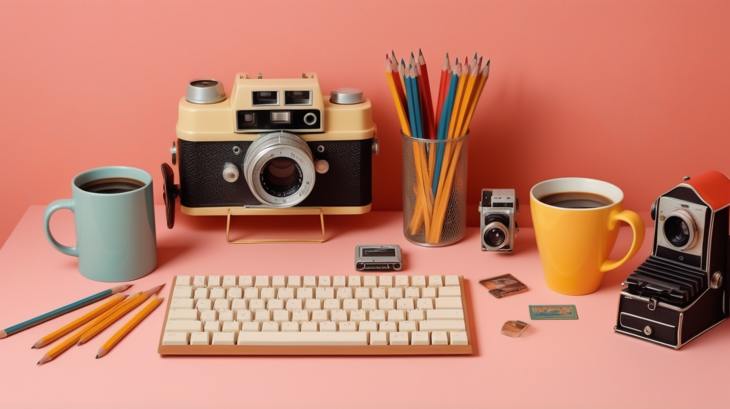 Desktop with coffee cup, pencils, keyboard and a film camera in the style of a wes anderson film