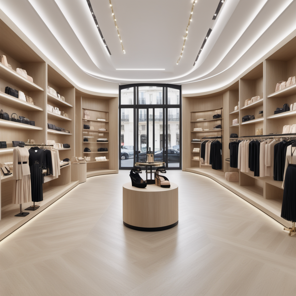 A hyperrealistic image a grand,open, elegant and feminine Modern Parisian womens concept store interior  in a beige oak brass and black colour palette with floor to ceiling windows and, shelves and displays stocked with beautiful elegant clothing and accessories and beauty supplies with curved features