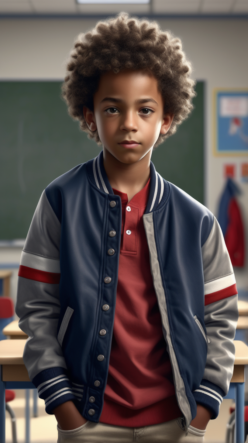 A handsome, little, black boy, with short curly hair, faded on the sides, wearing a Navy Blue, and Grey, cotton varsity jacket, wearing a thin, red, striped, tee shirt, wearing Taupe colored denim, in a class room, in Ultra 4K, High Definition, full resolution, hyper realism