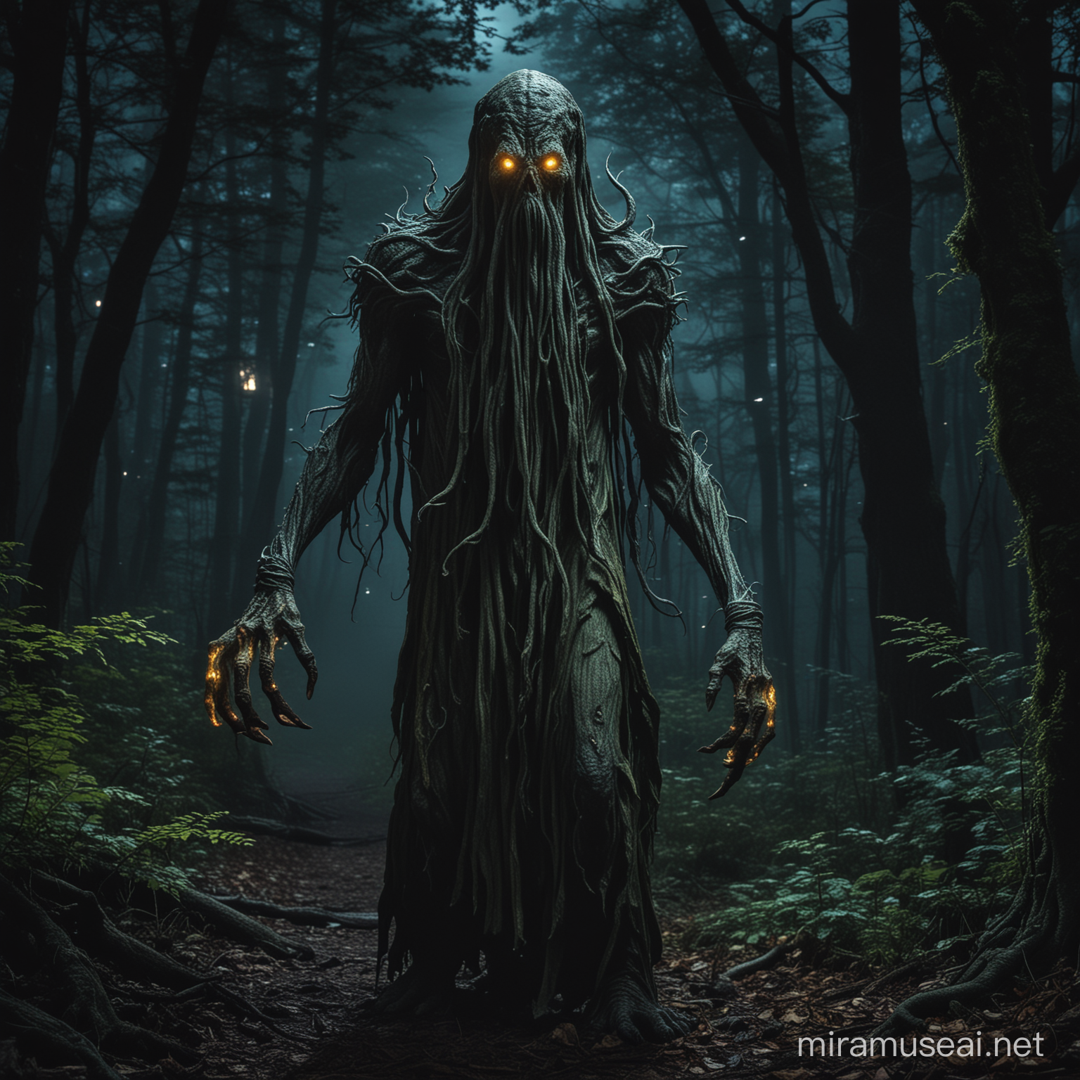 An elder god from the lineage of Hastur wandering through a nighttime forest in Northwest Ohio
