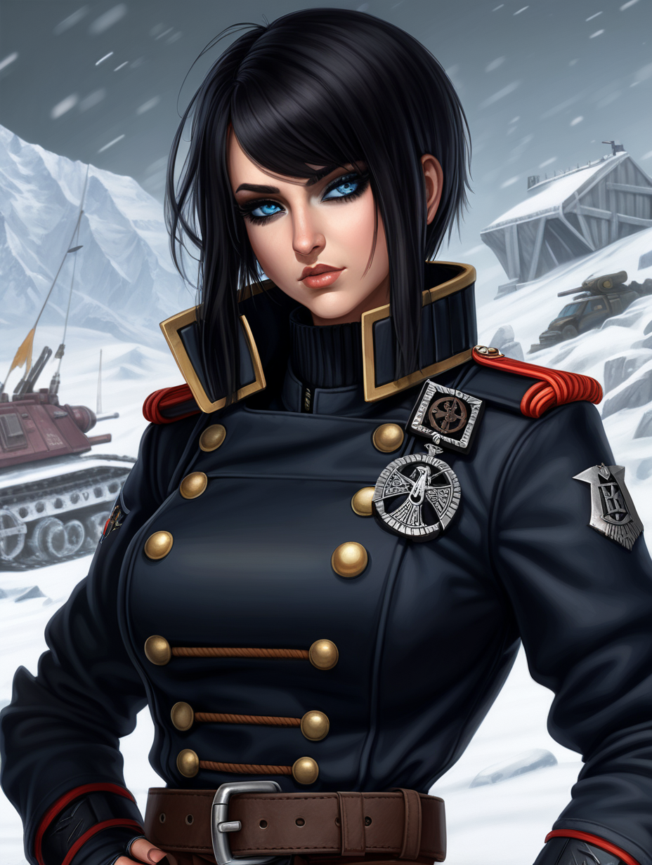 Warhammer 40K young busty Commissar woman. She has an hourglass shape. She has raven black hair. She has a very short hair style similar to what Maya, from Borderlands 2, has. Dark black uniform. Dark brown belt has a lot of pouches, grenades, and a black holster attached. Dark brown bandolier around waist. Her dark black uniform jacket fits perfectly and is closed up. She has a lot of eye shadow. Background scene is snowy trench line. She has icy blue eyes. Her uniform has some norse runes on the collar and epaulettes. She is wearing warm clothes.