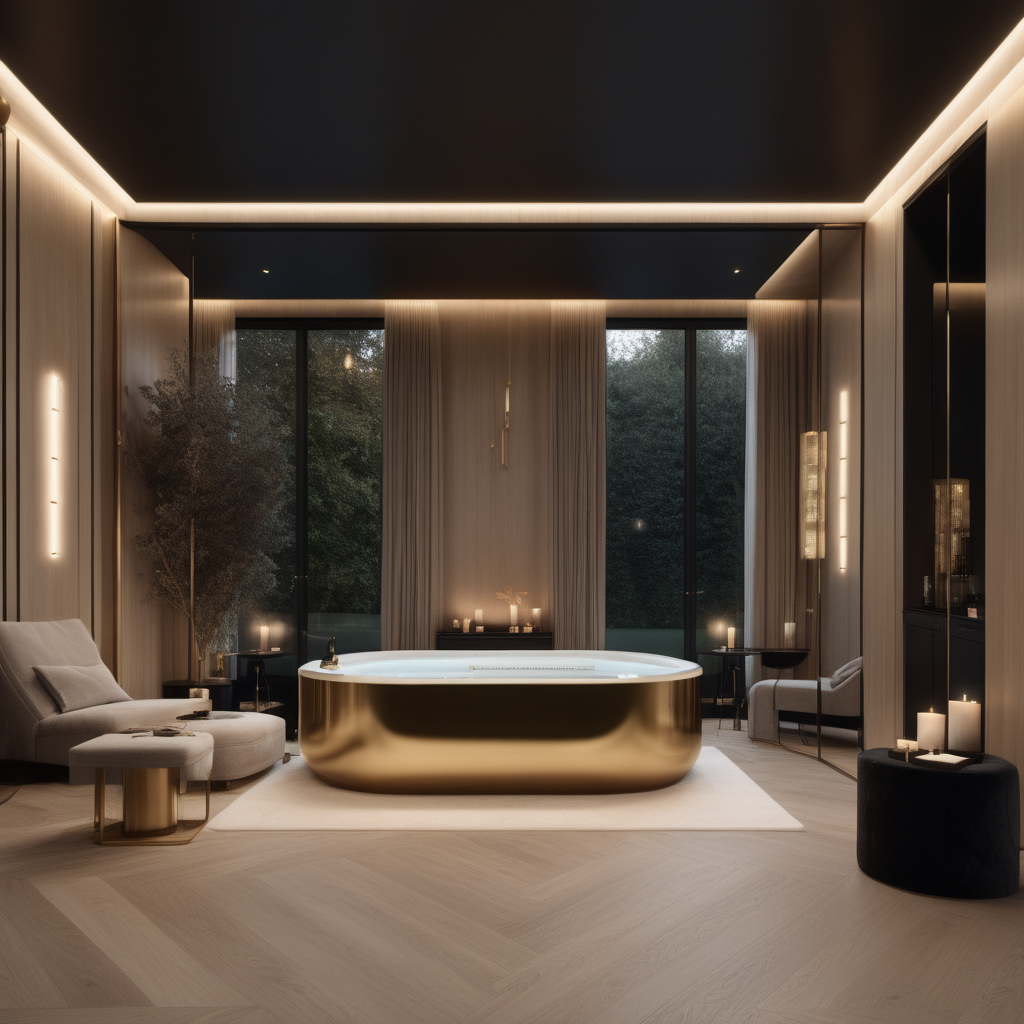 a hyperrealistic of a Modern Parisian estate home spa room with mood lighting and floor to ceiling windows in a beige oak brass and black colour palette 
