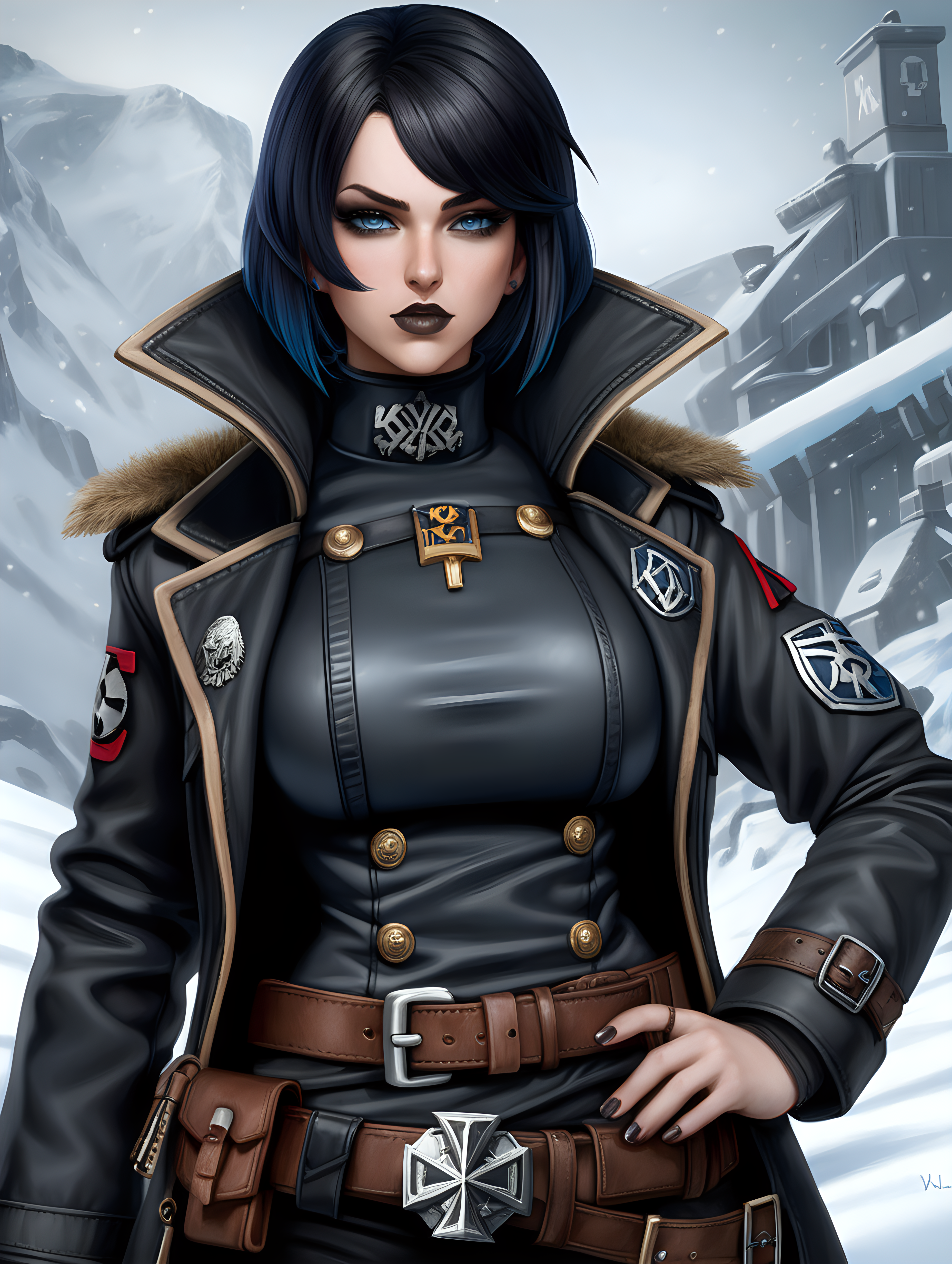 Warhammer 40K young very busty Commissar woman. She has an hourglass shape. She has a very short hair style similar to what Maya, from Borderlands 2, has. Dark black uniform. Dark brown belt has a lot of pouches, grenades, and a black holster attached. Dark brown bandolier around waist. Her dark black uniform jacket fits perfectly and is closed up. She has a lot of eye shadow. Background scene is snowy trench line. She has icy blue eyes. Her uniform has some Norse runes. She is wearing warm clothes. Valk nut rune is on collar of her black jacket. She has slightly faded greyish matte lipstick. Her uniform top is dark leather brown and skin tight. She has raven black hair with dark blue colored hair tip highlights. 