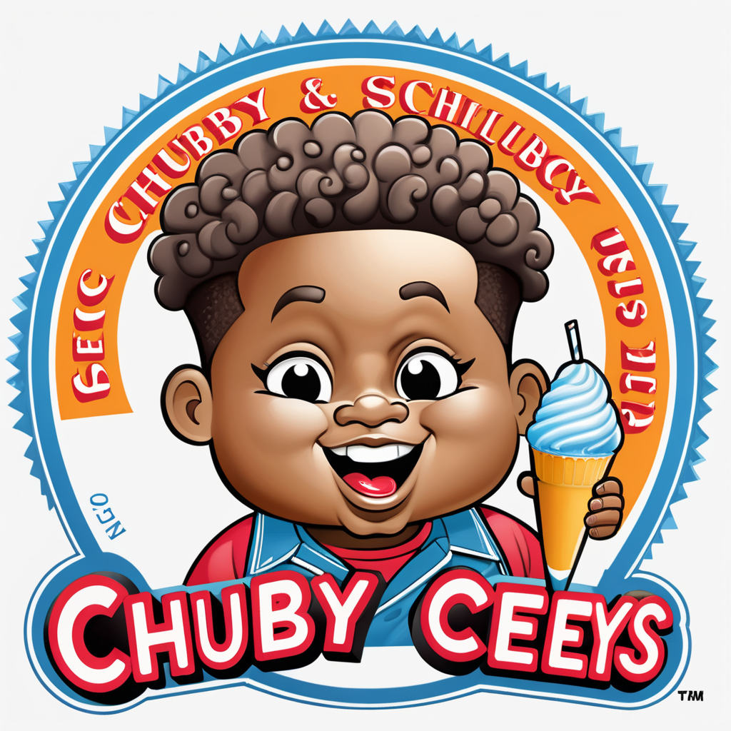 Creat an image of a stylized 3 dimensional emblem with resemblance to a badge or seal. The emblem features the words “Chubby Cheeks Iceys” in bold raised lettering. The central image is a chubby cheeked cute African American boy with a curly Mohawk holding an italian ice 