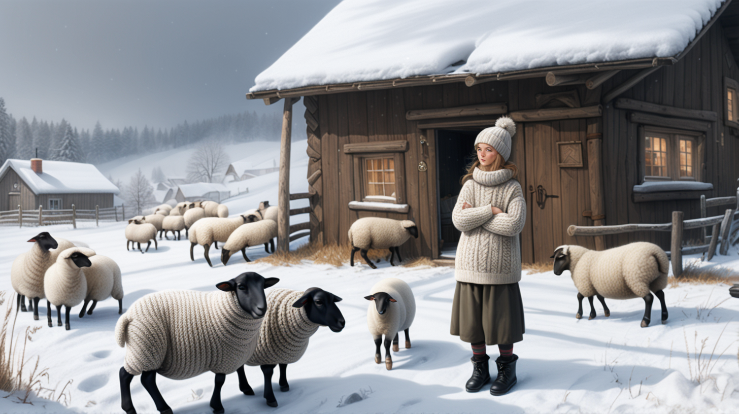 A young peasant woman wearing  a super thick knitted woolen sweater, a knitted hat, thick woolen leggings, high knitted woolen socks,black rubber galoshes. He digs in the fields and clears the snow. Around her there are animals - sheep. Near is the wooden house Everything is covered in snow. I'ts night.
