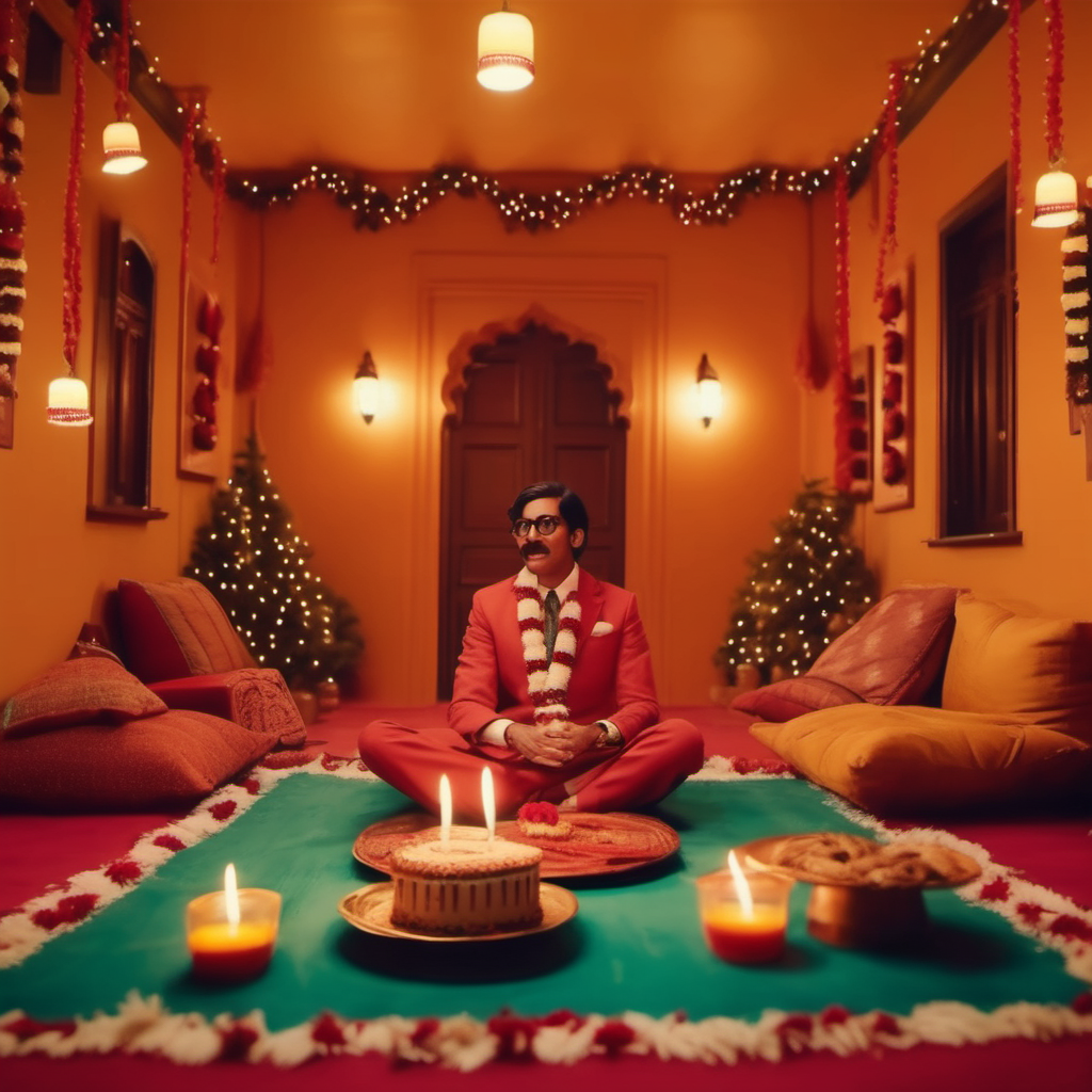 Anticipation of the upcoming festival season with Diwali, Christmas and birthdays full of celebration, Wes Anderson cinematic setting