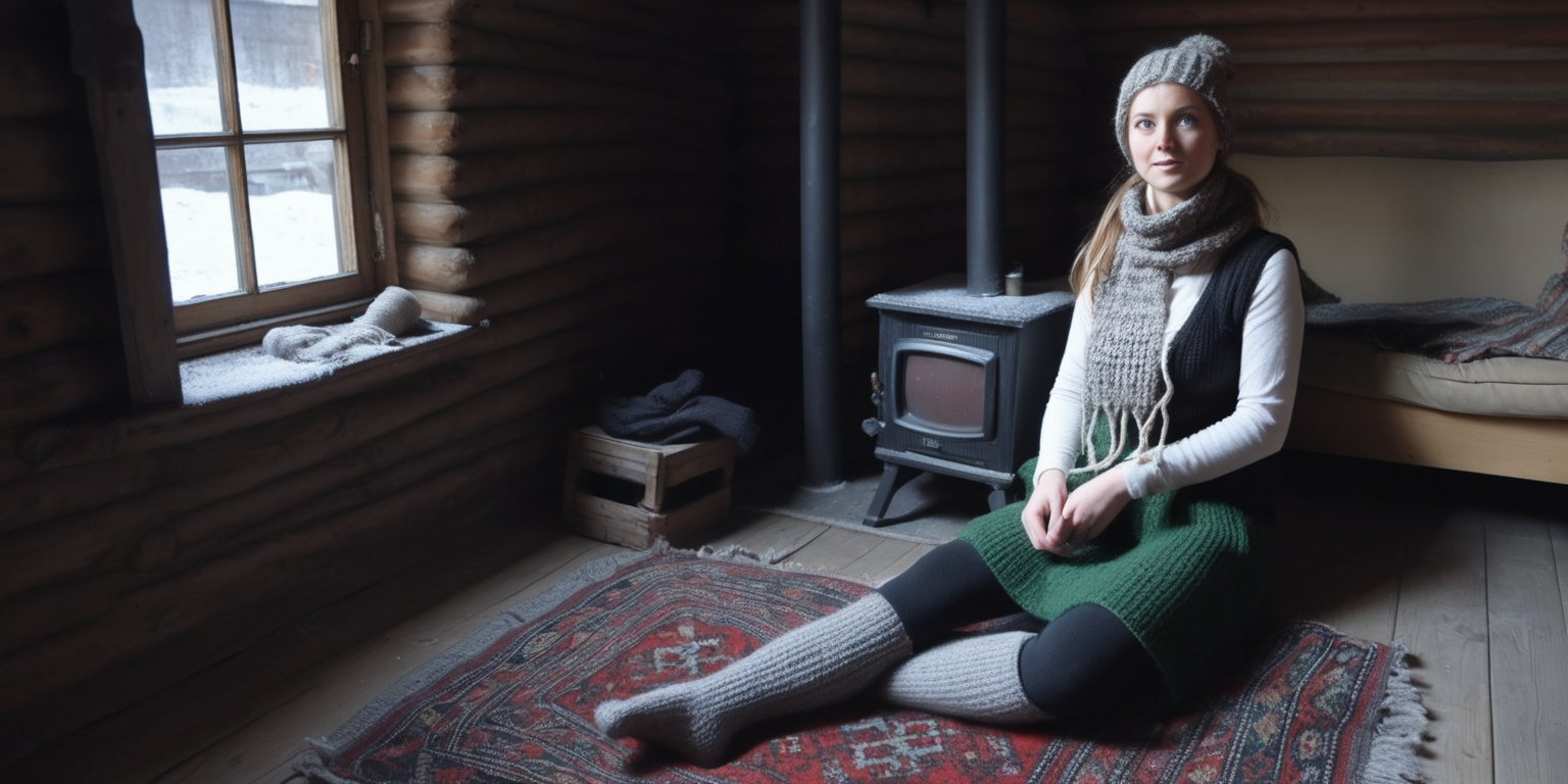 Village 30 years old women. Long ponytile tied hair, green eyes. She is dressed very thick in a country style - with thick hand knitted gray and brown woolen socks. She wears black tight black thermo leggings. She wearing brown sweater with a high collar . She is wearing a white sleeveless sweater over it. She has a scarf wrapped around her neck. A thick knitted hat on the head. Knitting alone on the floor in the old and wooden house. Around her is an old sofa covered with a rug. There is a black and red traditional rug on the ground. Her bed is behind her - an old one with a spring and a metal frame. A television with a kinescope looks out from an old wooden cabinet. The windows of the house are frosted over - you can see a lot of snow outside. It's night.
