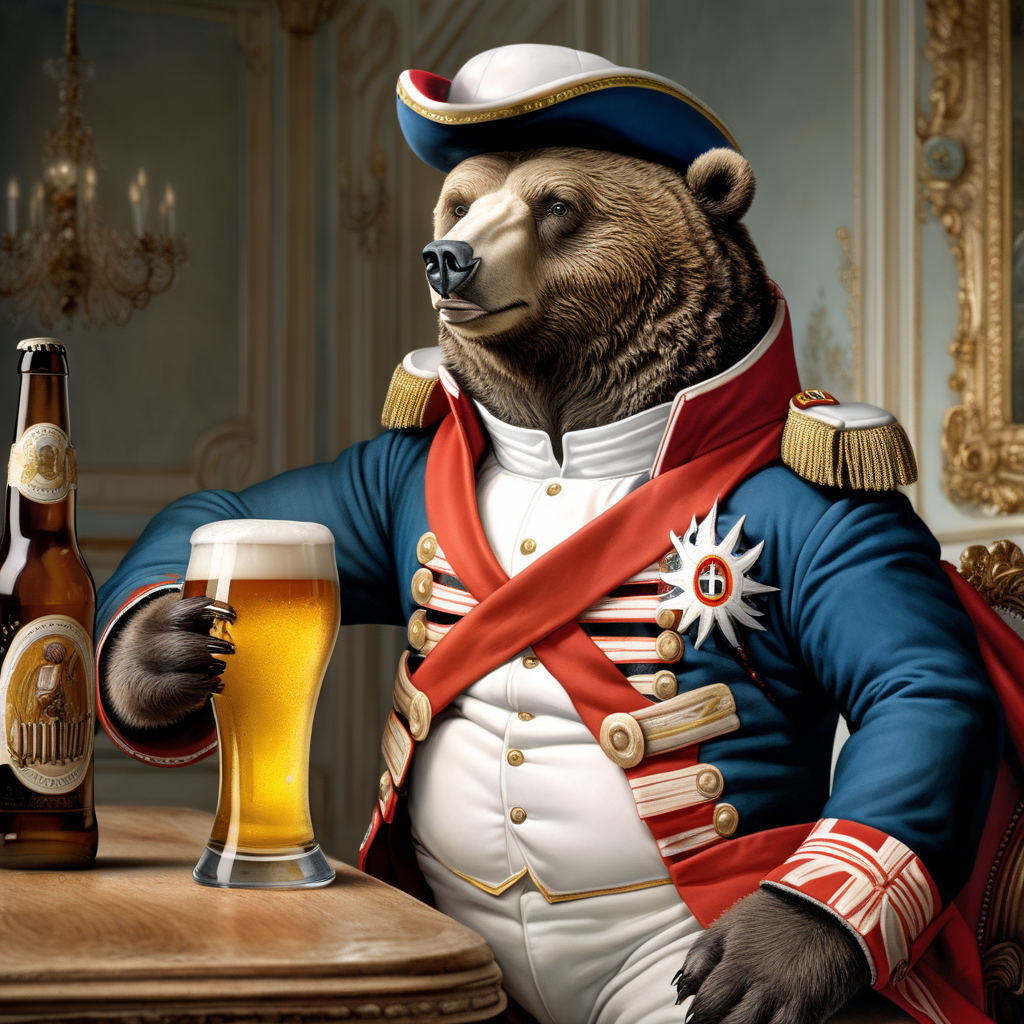 A bear dressed as Napoleon having a beer