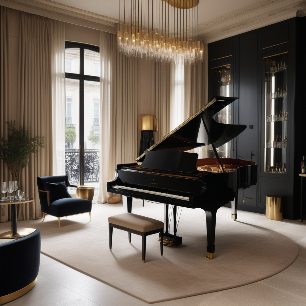 hyperrealistic of an elegant modern Parisian Music room with a grand piano; a bar with floor to ceiling wall of drinks and glasses; floor to ceiling windows ; curtains; at night; mood lighting;  Limestone flooring; beige, oak, brass and accents of black colour palette; modern brass pendant light
