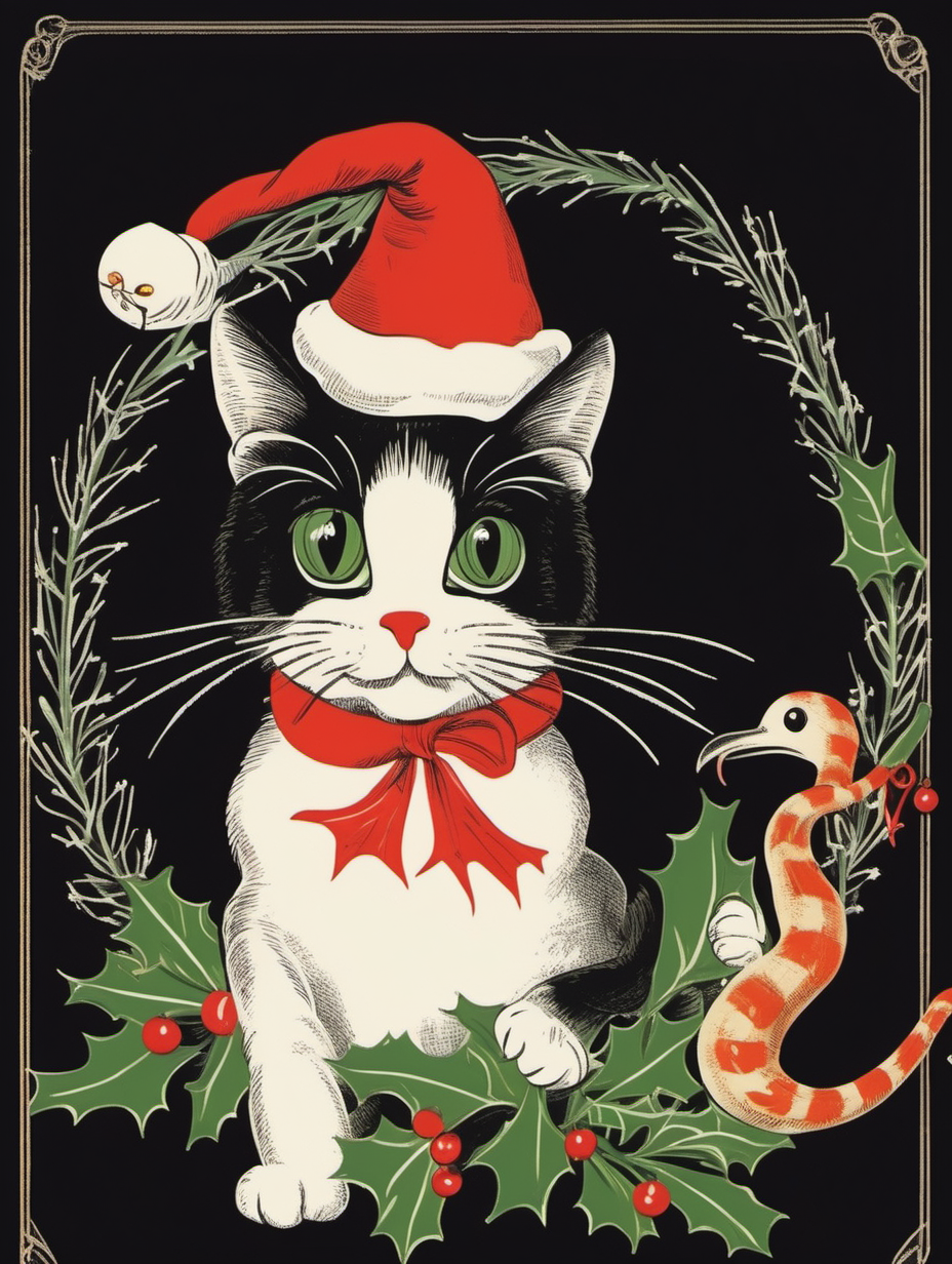 vintage christmas card illustration with mistletoe, a cat and a seagull and a snake wearing christmas hats on a black background
