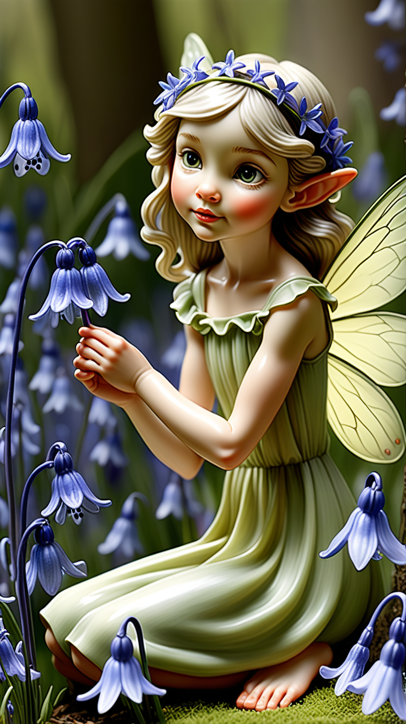 Create a fairy nestled among bluebells embodying the