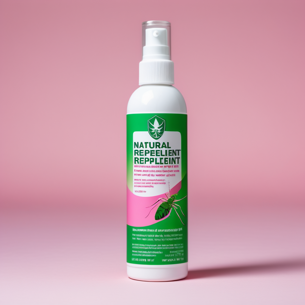 please generate the packaging for a white bottle of a natural repellent with colors on the label green and pink