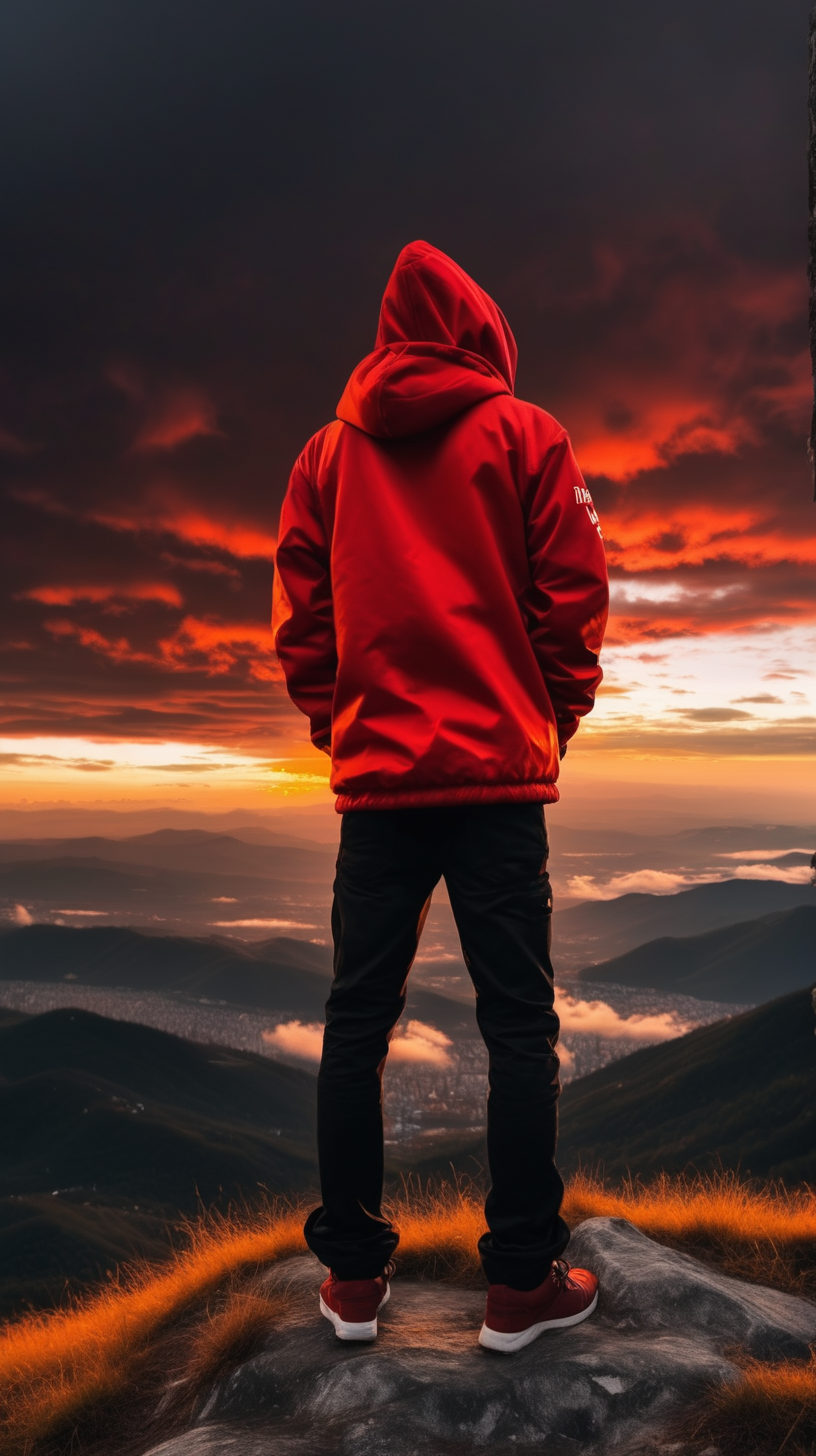 Man Wearing Hooded Jacket. written ilove you. Seeing the Sunset Clouds, on the Mountain Hill, the Clouds Are Red to Golden Gold. Very beautiful