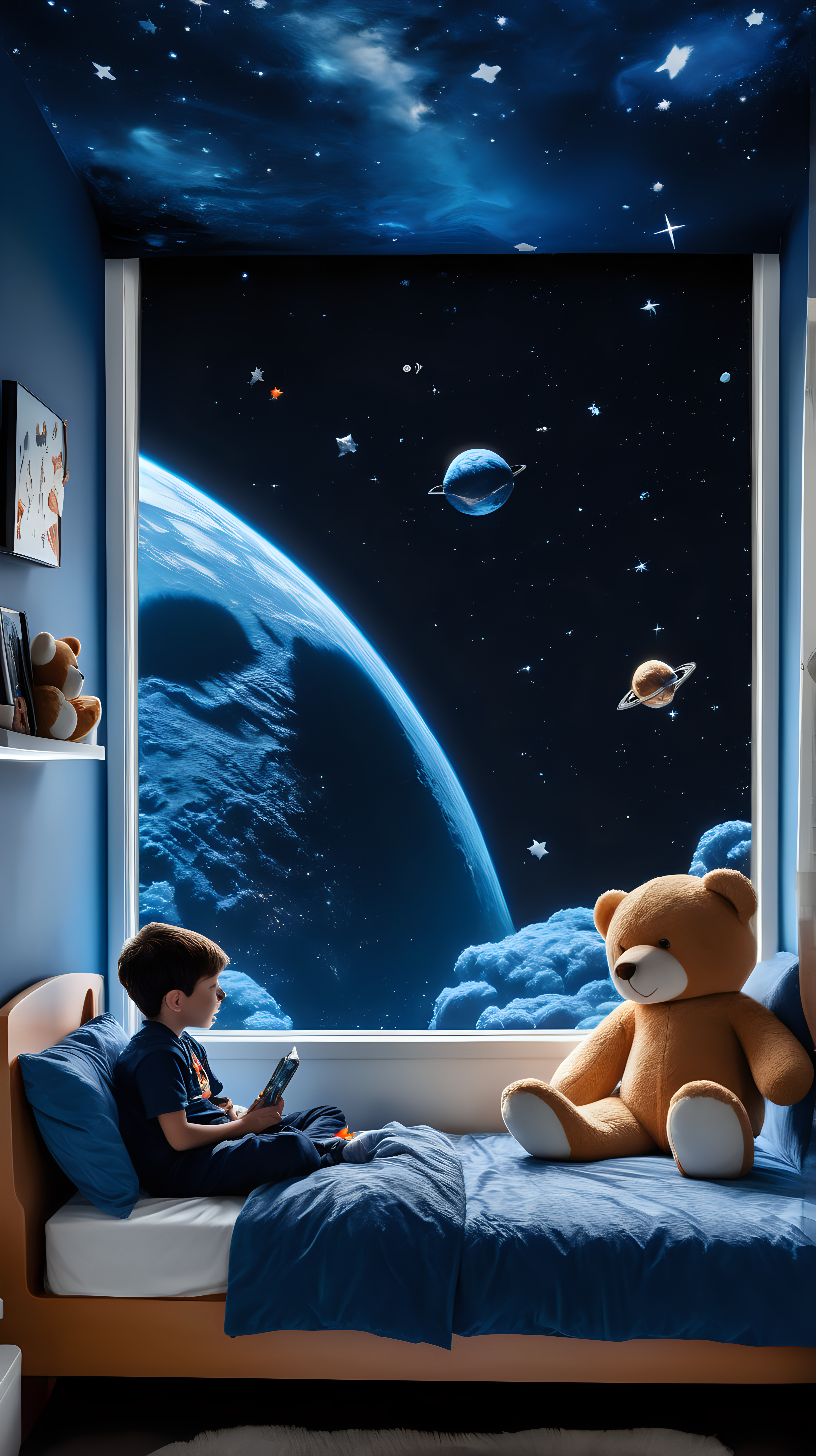 A cozy bedroom with dark blue wallpapers. A child stands on a bed with a teddy bear. Outside, an astronaut and colorful galaxies fill the window view.