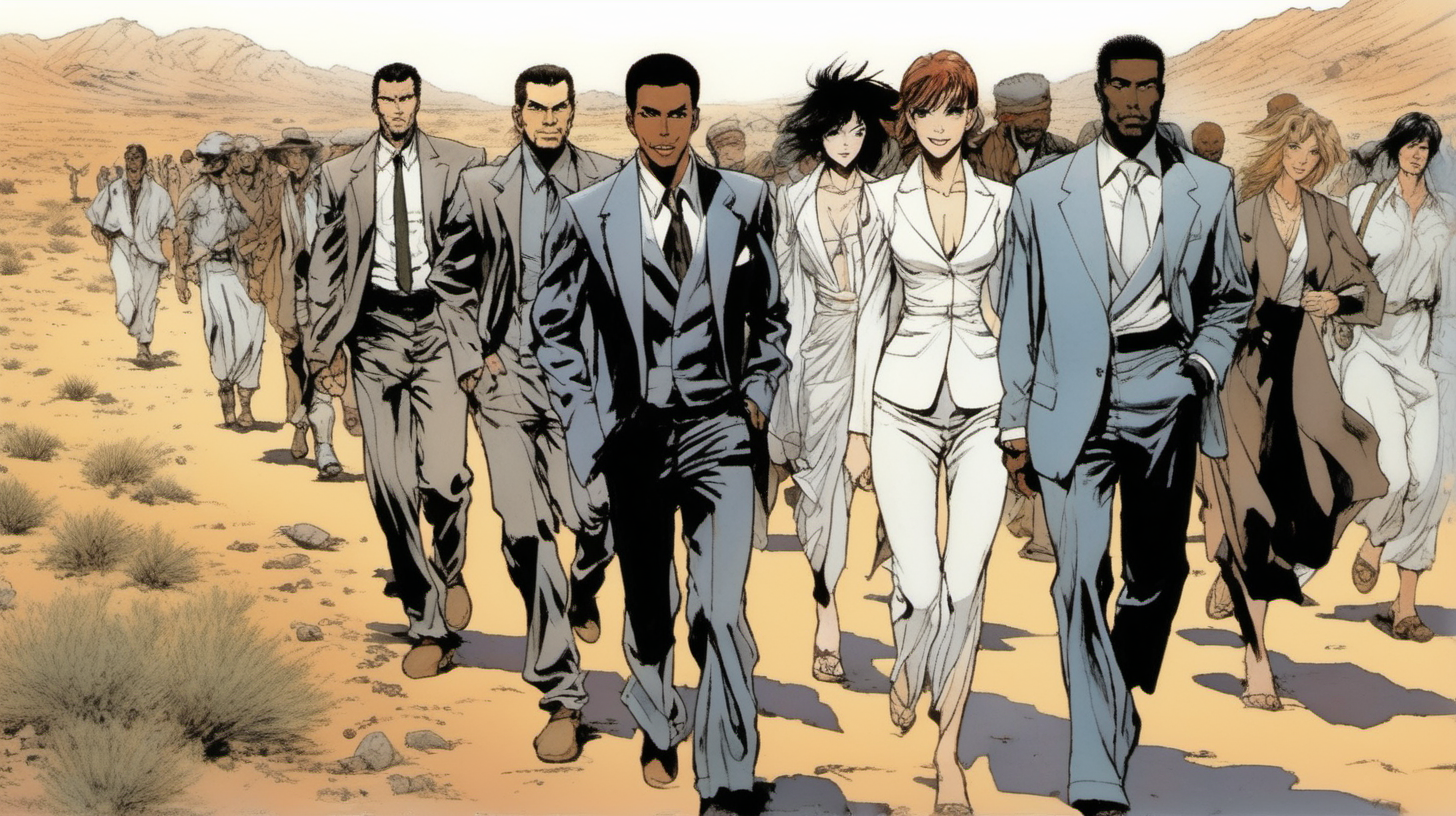 three men, with a smile leading a group of gorgeous and ethereal white & black mixed men & women with earthy skin, walking in a desert with his colleagues, in full American suit, followed by a group of people in the art style of Noriyoshi Ohrai comic book drawing, illustration, rule of thirds