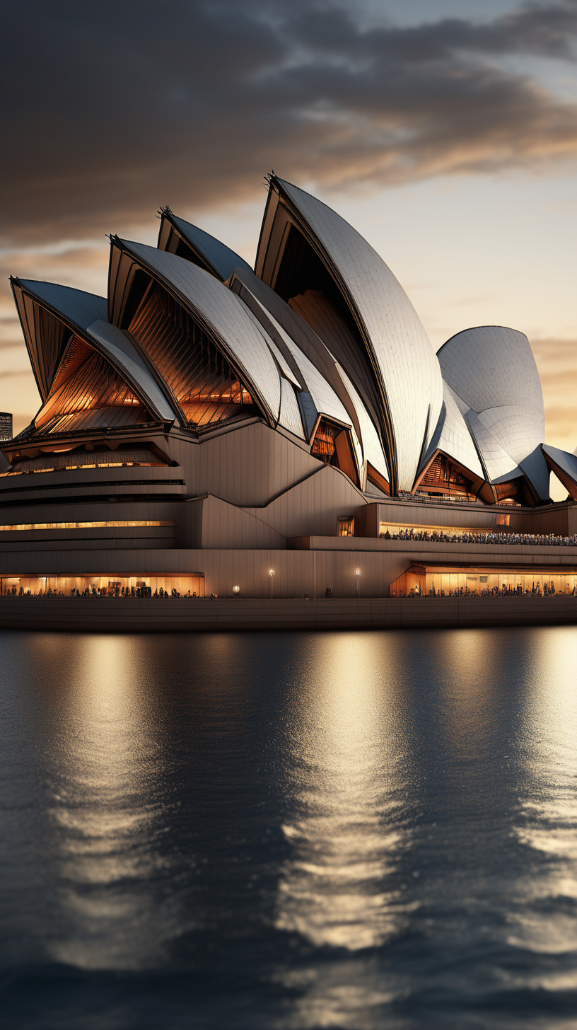 Imagine we're prompting, a detailed and beautiful realistic-inspired scene of the Sydney Opera House. Capture the iconic architecture and intricate details with a high-quality camera model and lens. Illuminate the scene with soft, atmospheric lighting, bringing out the beauty of this landmark in an realistic-style composition.
