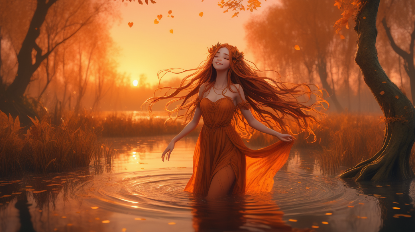 Orange sunset themed beautiful cute comforting shy dryad waifu in an autumn swamp smiling freckles amber eyes majestic long hair  full body dancing on water in love floating