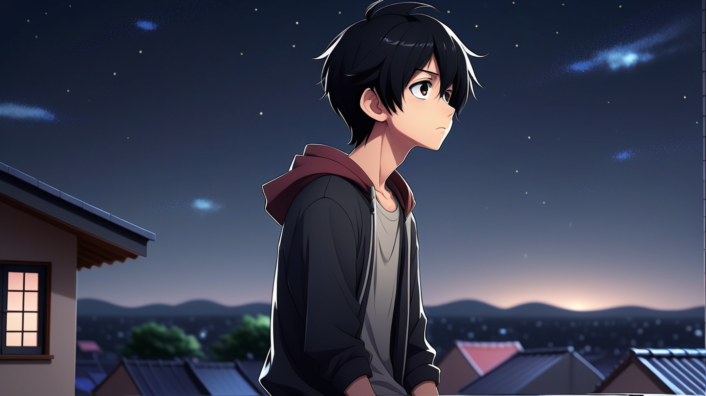 Late one night, handsome anime young boy, looking at the sky from the roof of his house, black hair, modern clothes, background with a beautiful night sky with lots of stars, simple full color, high quality, lively eyes, dark, gloomy, dark color, natural eyes, hd, hyper realistic,