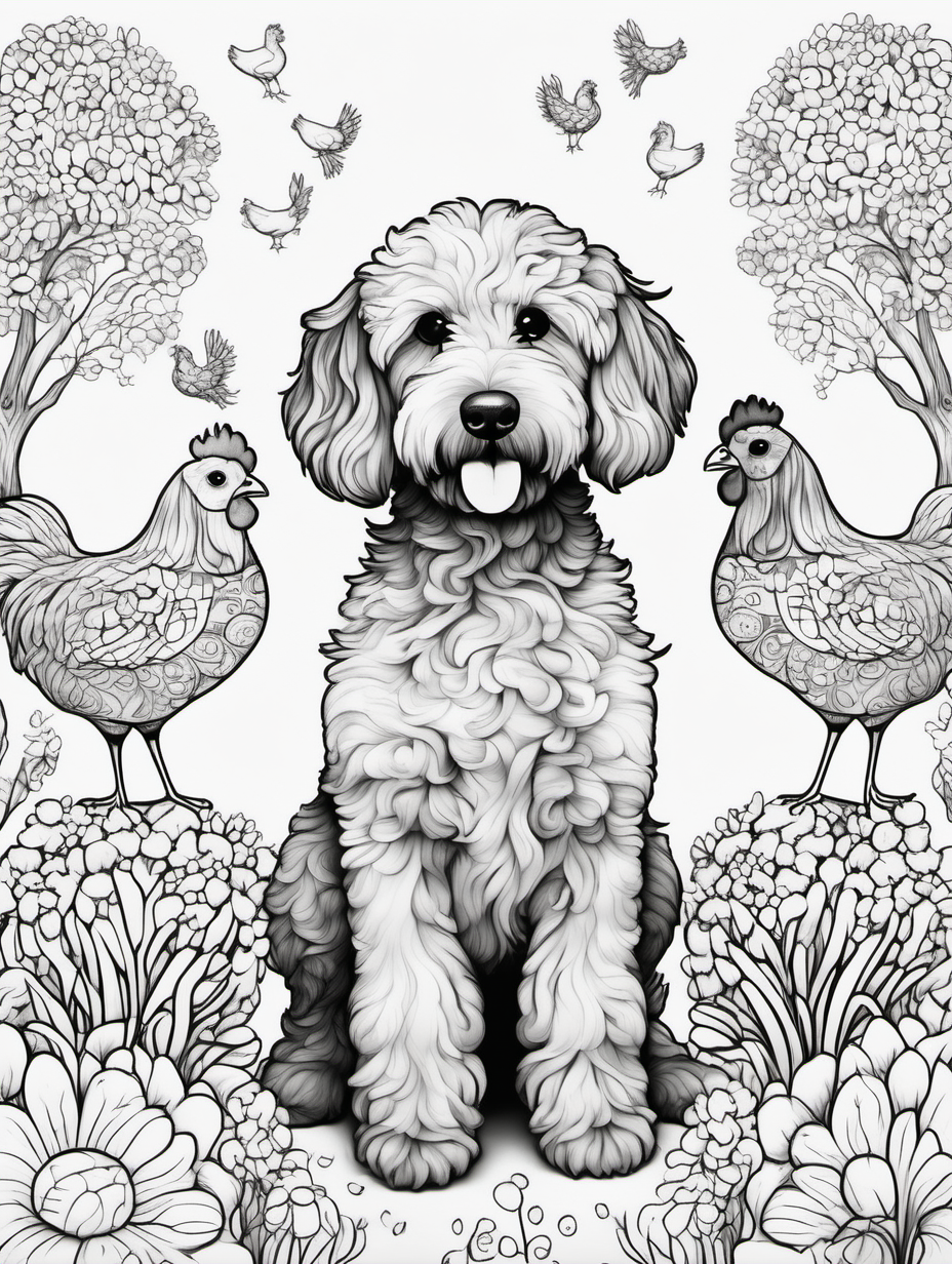A cute goldendoodle in a whimsical garden with 2 chickens for coloring book with black lines and white background
