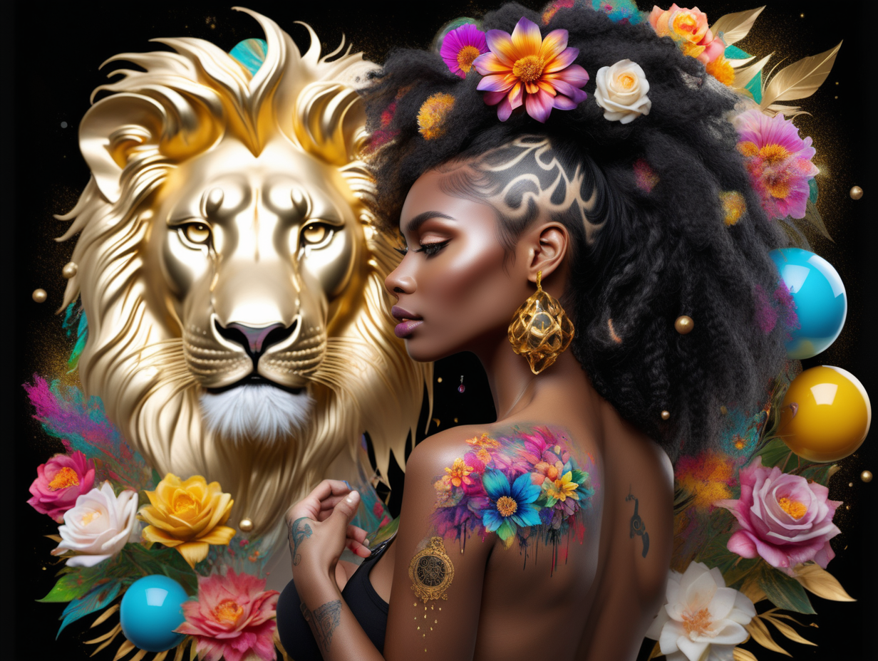 abstract exotic black Model with soft colorful flowers, the colors of the flowers melt into her hair. 
She is holding a toy top in gold
she is looking at realistic white  male
lion
 8 crystal balls in different sizes are floating in the air around them 
add tattoos on her arms,  shoulder and back