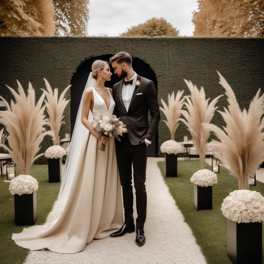 a hyperrealistic image of a grand Modern Parisian garden wedding in a beige oak brass and black colour palette