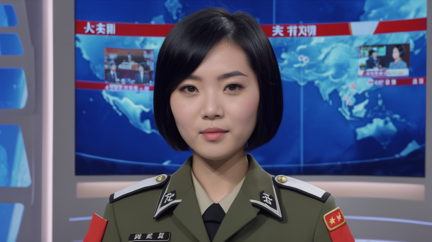 一名中国火箭军女兵
青年人
黑发
短发
站着主持电视节目
正脸