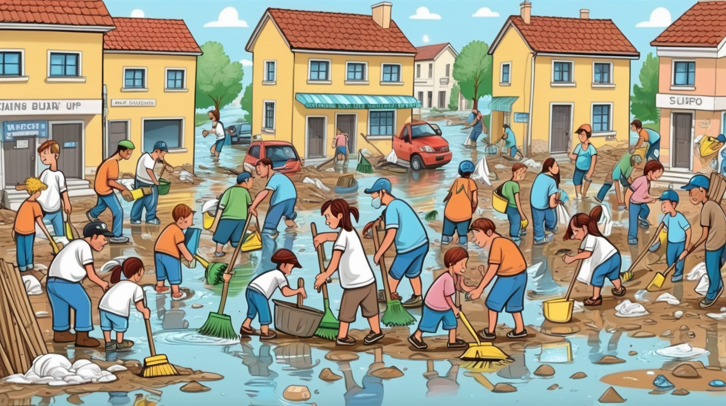 lot of cartoon poor people including men women and kids helping each other to clean up the mess left by the flood in the town
