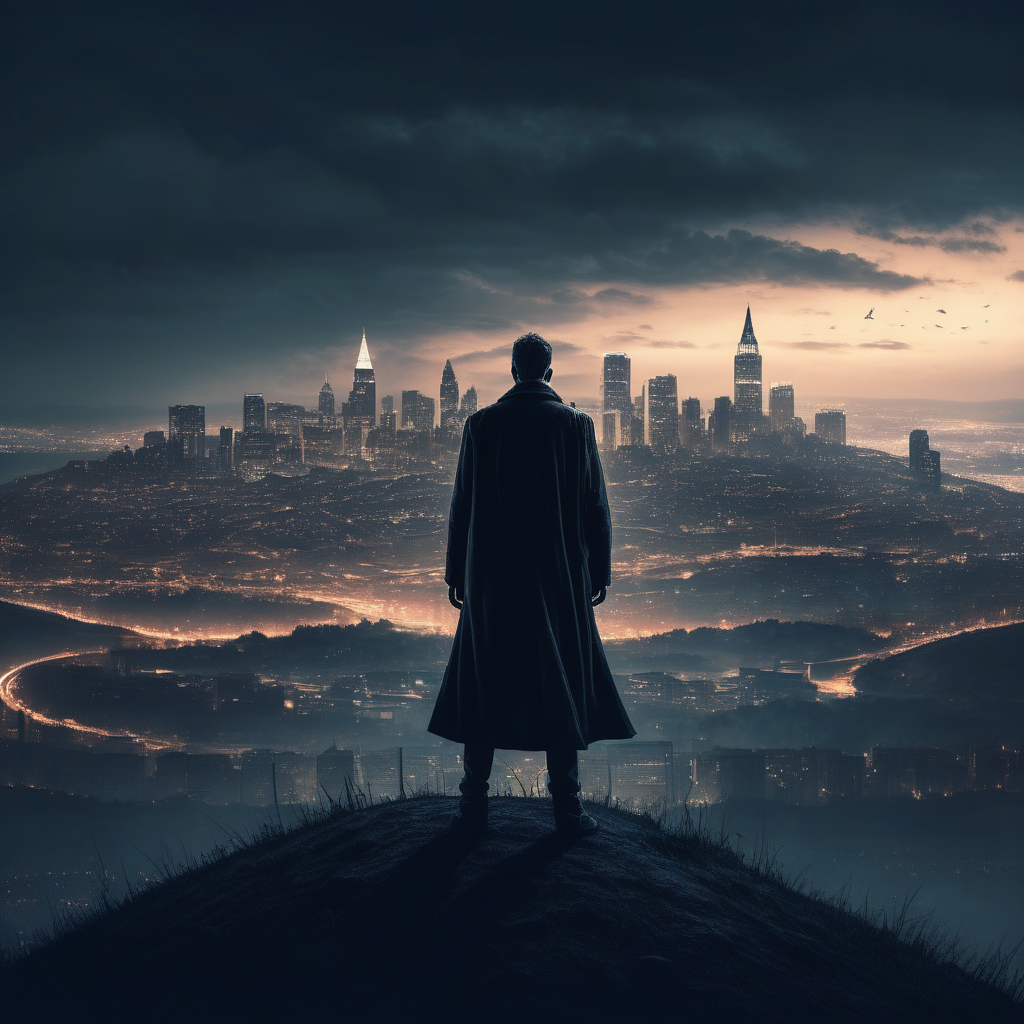 A mysterious man stands on a hill and looks at the city and only he knows what hard times await everyone